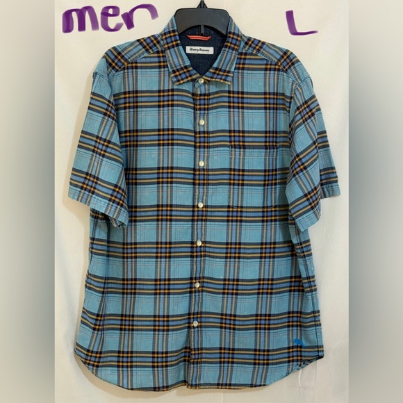 Tommy Bahama Men's Blue and Gold Checkered Shirt/ small white spots - Picture 1 of 4
